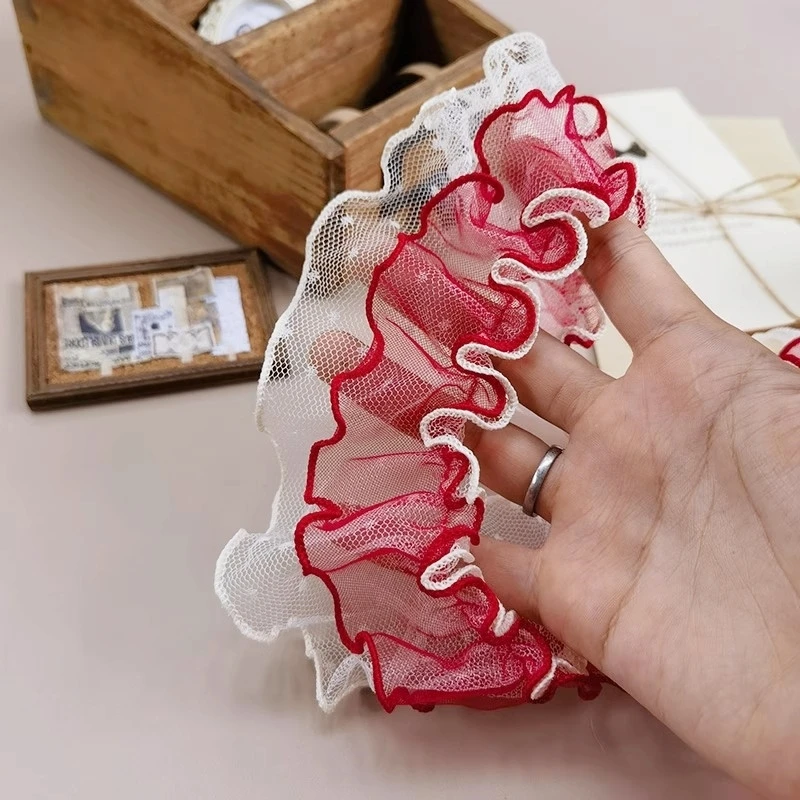 Weihnachten rot Doppels chicht 3d gekräuselte Spitze DIY Lolita Kinder rock Kragen Manschette Saum Home Textil Vorhang Nähen Dekoration