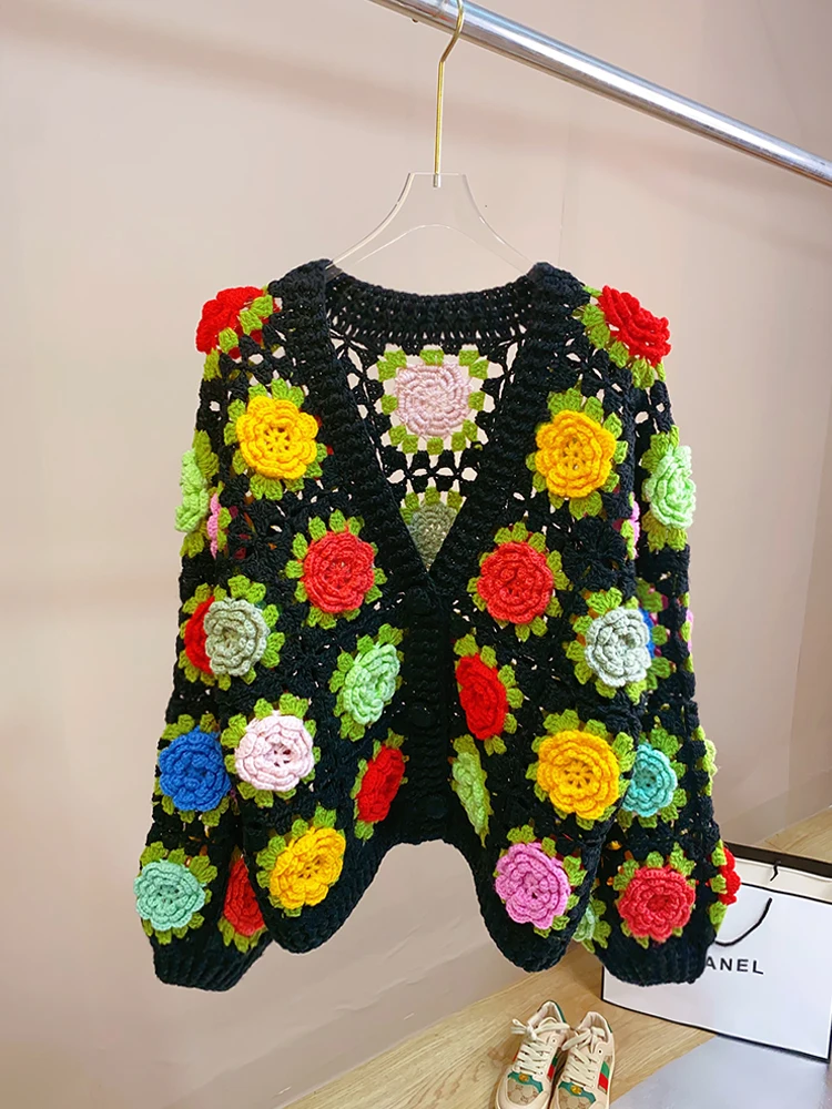 Handmade Three-dimensional Hollow Crochet Knitted Cardigan Sweater Femininity V-neck Sweet Colored Rose Sweater Jacket Coat Lady