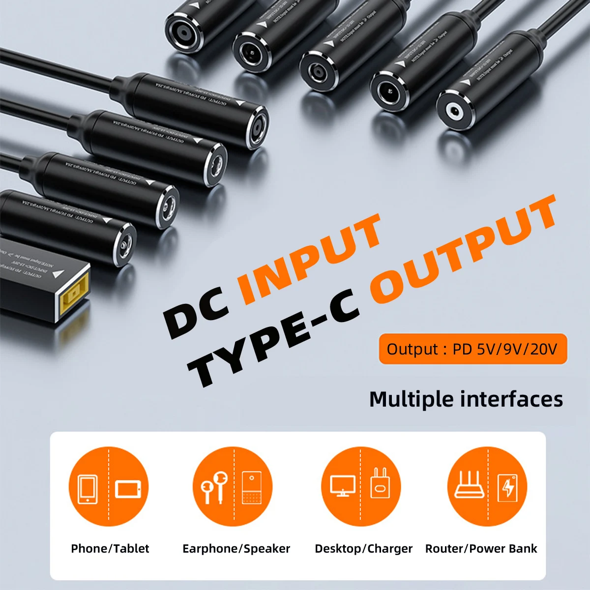 Cablec PD9V kabel pengisi daya colokan daya tipe-c, Input ke USB-C, Jack persegi panjang 15V 20V untuk ponsel Laptop