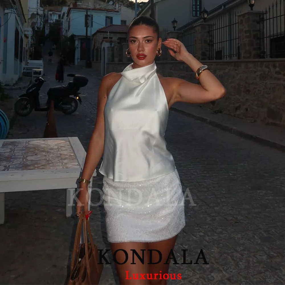 KONDALA مثير شيك زبدة الأصفر بلوزات من الساتان المرأة الرسن عارية الذراعين عطلة الشاطئ حفلة قمة الموضة 2025 السنة الجديدة مساء بلوزة من الساتان