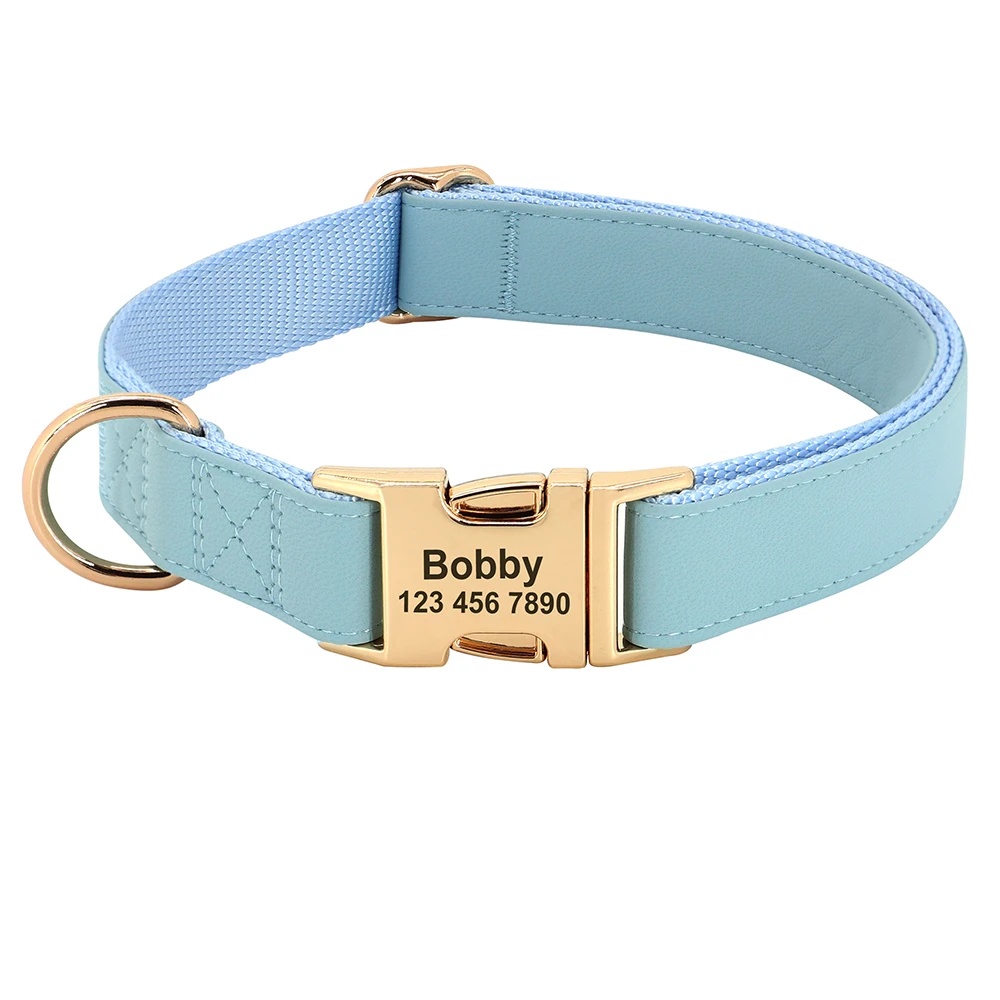 Collar personalizado de cuero para perro, accesorio ajustable con etiqueta de identificación para mascotas pequeñas, medianas y grandes, Pug, grabado gratis