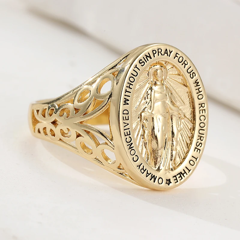 Religious Rings For Women Big Wide Golden Color Finger Rings Vintage Virgin Mary Women Rings Vintage Jewelry