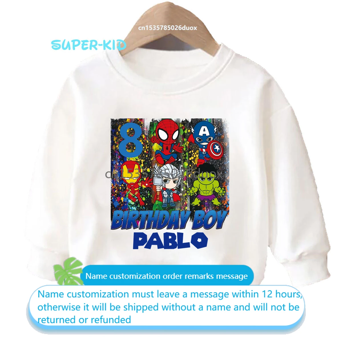 1 2 3 4 5 6 7 8 9 Years Marvel SuperHero Birthday Boys Sweatshirts Spider-Man Iron Man The Hulk Personalize Name Kids Hoodies