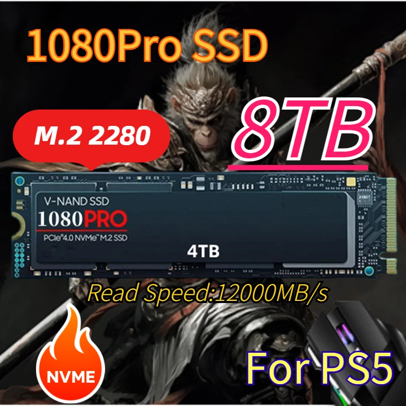 Новый твердотельный жесткий диск 1080PRO 8 ТБ 4 ТБ 2 ТБ 1 ТБ M.2 2280 PCIe Gen 5,0 x 4 NVMe для настольных ПК PS4 PS5 Игровой ПК Ноутбук Настольный компьютер