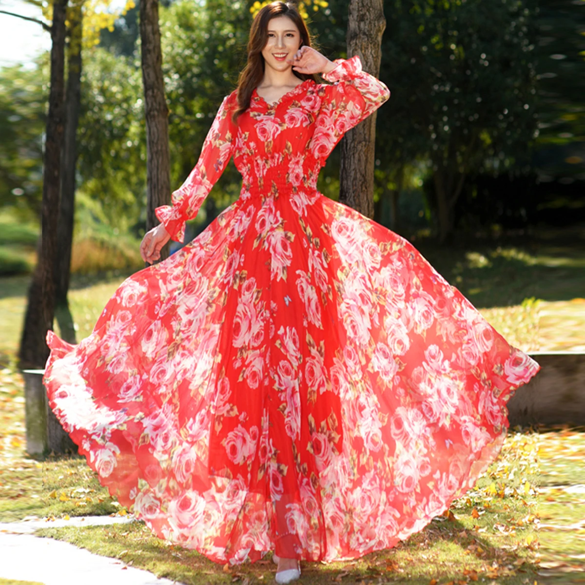 여름 휴가 꽃무늬 쉬폰 맥시 드레스와 프릴 슬리브 신축성 있는 허리 쉬폰 롱 드레스로 로맨틱한 순간을 선사합니다
