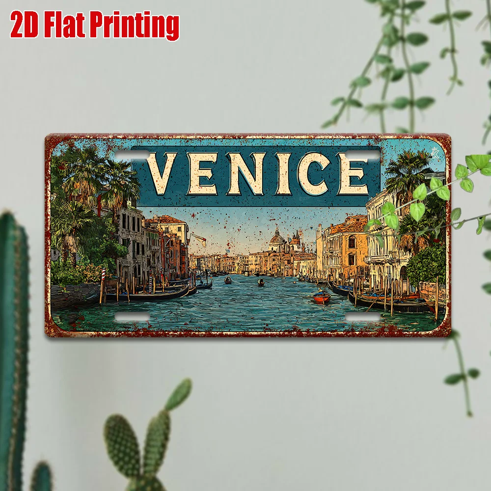 2D Flat,, 2D Flat PrinAluminumg, 1pc, Vintage Metal Sign, Outdoor Wall Art (11.8inch * 5.9inch), Venice Grand Canal View Aluminu