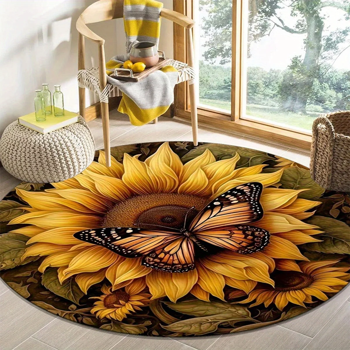 1pc Beautiful Butterfly and Sunflower Round Rug, Non-slip Floor Mat for Living Room, Bedroom, Bathroom, Holiday Home Decoration