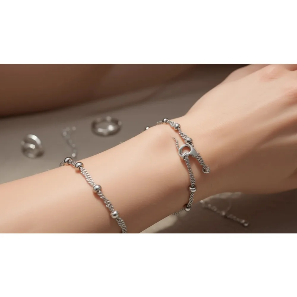 

Итальянский браслет-цепочка из серебра 925 пробы с позолотой 18K, сингапурская цепочка с бусинами, для женщин
