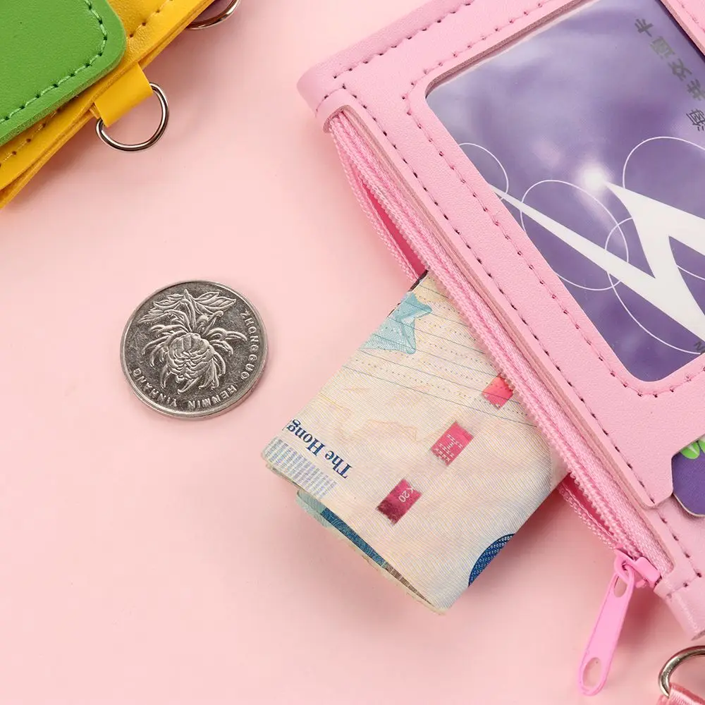 Luxe Pu Lederen Dubbele Kaart Mouw Id Badge Case Clear Bank Credit Card Badge Holder Portemonnee Zip Kaart Tas met Nek Lanyard