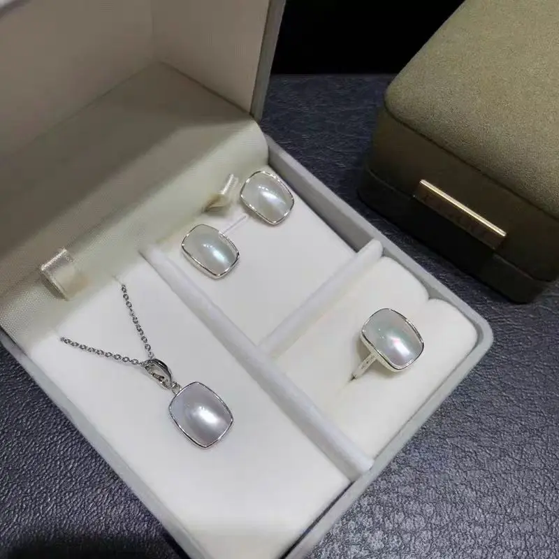 one Set sea Mabe pearl blue white oblong s925 15mm pendant necklace Earrings Ring nature beads