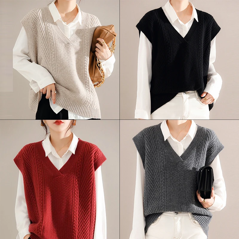 Women\'s Korean Knitted Sweater Casual Vest Elegant V Neck Waistcoat Sleeveless Loose Pullover Female Autumn Winter Jumper Tops