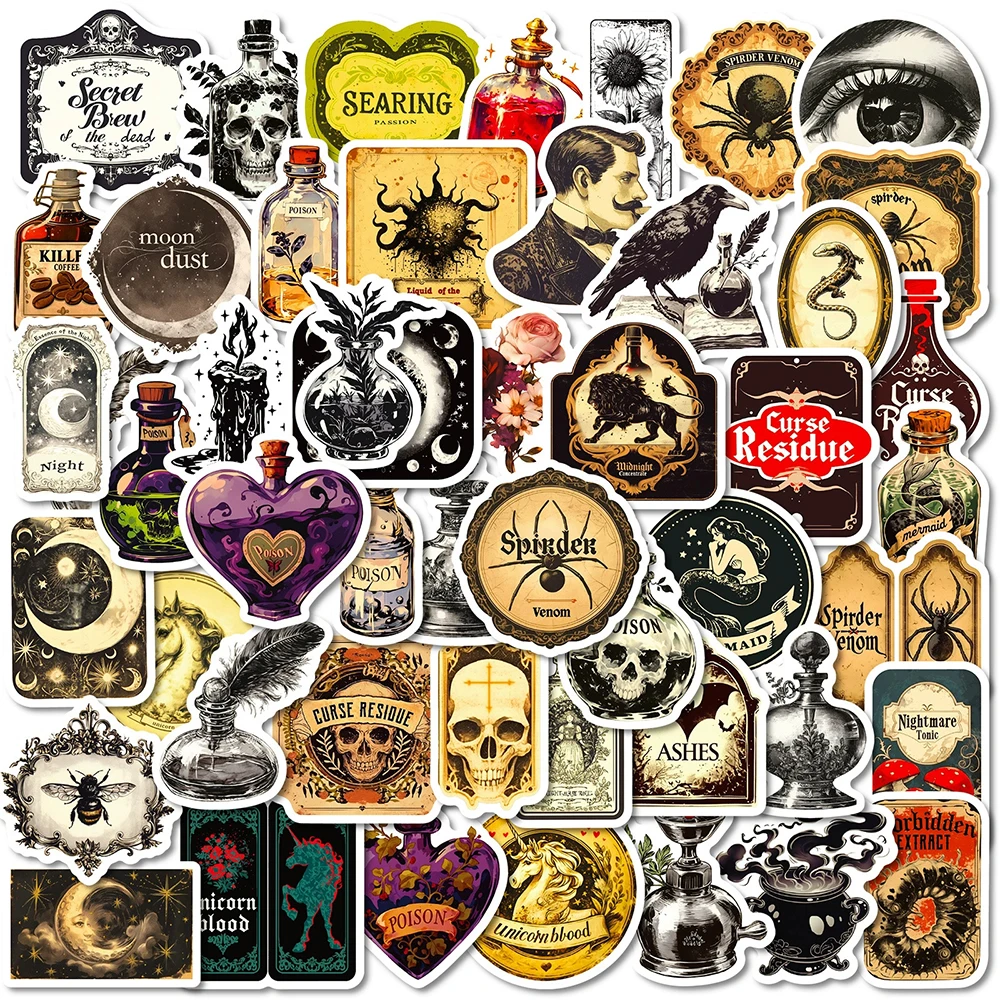 10/30/50pcs Gothic Retro Potion Label Stickers Cartoon Apothecary Decals for Notebook Phone Guitar Laptop Decoration Sticker Toy