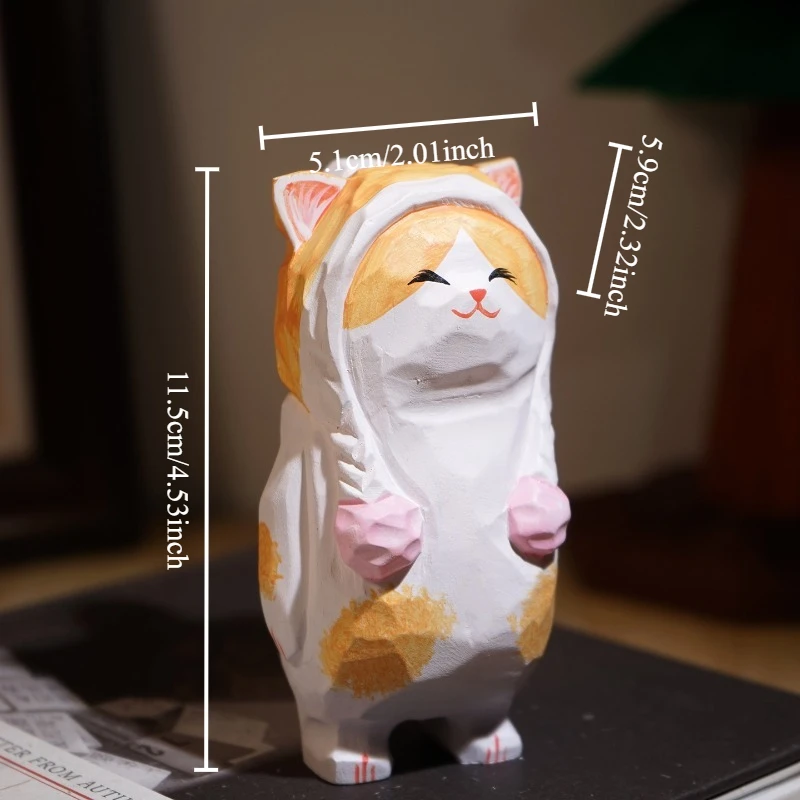 1 PC cat in Knit Hat Hand Carved Wood Sculpture Adorable Feline Figurines Soothing Creative Workspace Desk Decor Wooden Ornament