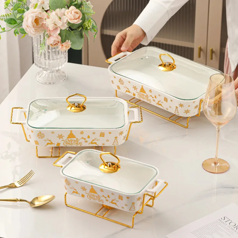 Ceramic rectangular binaural baking pan Creative hotel tableware Nordic style iron rack baking pan