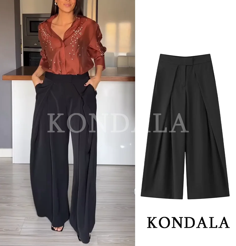 KONDALA Commute Chic Wide-Leg Pants Women Casual Daily Pleated Trousers 2026 Spring Fashion Office Lady High Street Trendy Pants