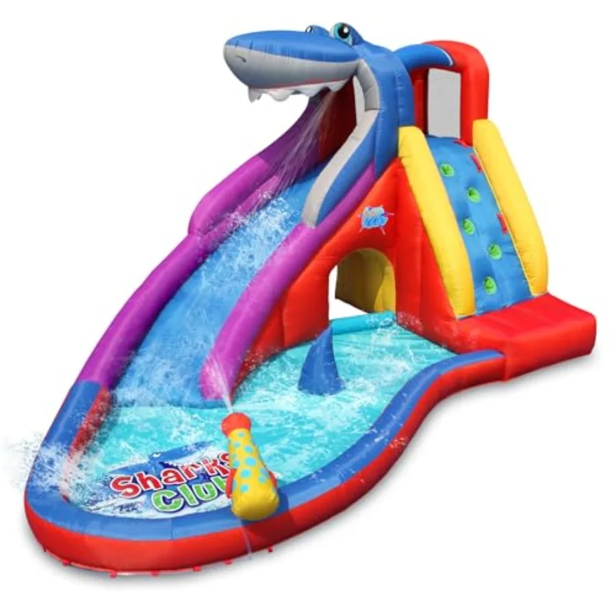 Opblaasbare waterglijbaan, Red Shark Bounce House met glijbaan voor nat en droog, speelplaatsensets voor kinderen in de achtertuin, waternevel, water