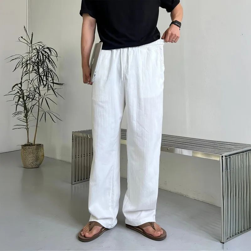 White Straight-Leg Casual Pants for Men, Summer Thin Loose Versatile Elastic Waist Wide-Leg Long Pants with a Draping Effect, Floor-Length Pants