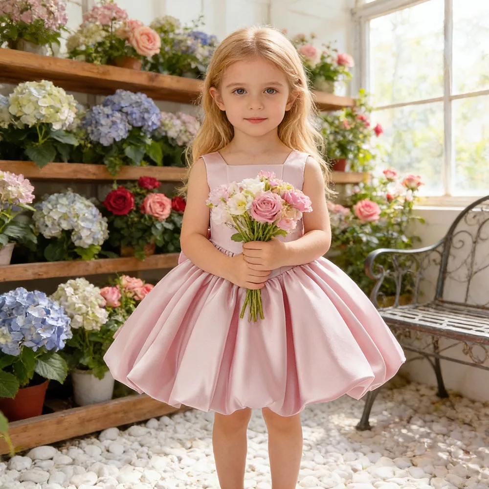 Girls Solid Princess Dress Birthday Stylish Host Piano Performance Costume Puffy Bow Knot First Birthday Gown
