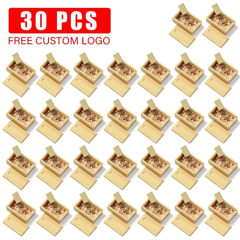 

JASTER 30 PCS LOT Wooden Box USB Flash Drive 128GB Free Custom Logo Memory Stick 64GB Wood Crystal Creative Gift Pen Drive 32GB