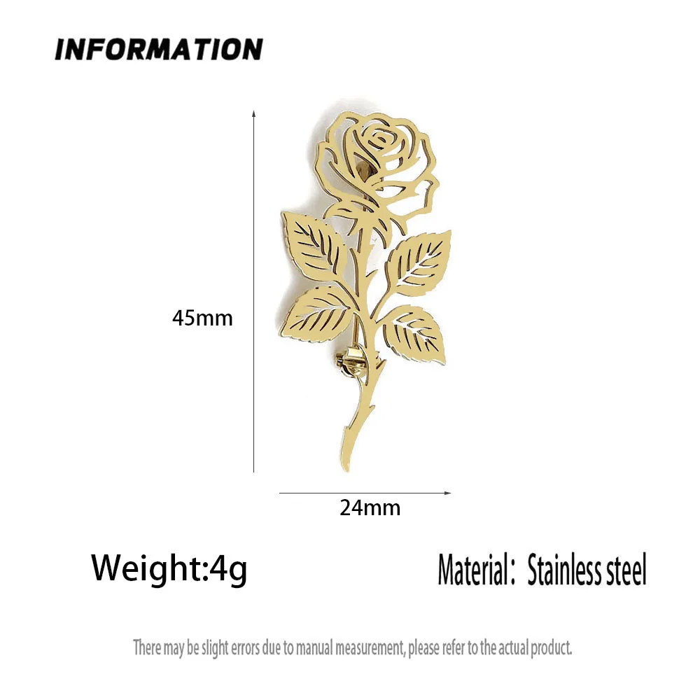 316L Stainless Steel Plated 18K Gold Stem Rose Hollow‑Out Brooch Lapel Pin for Jacket Backpack Unisex Jewelry Gift