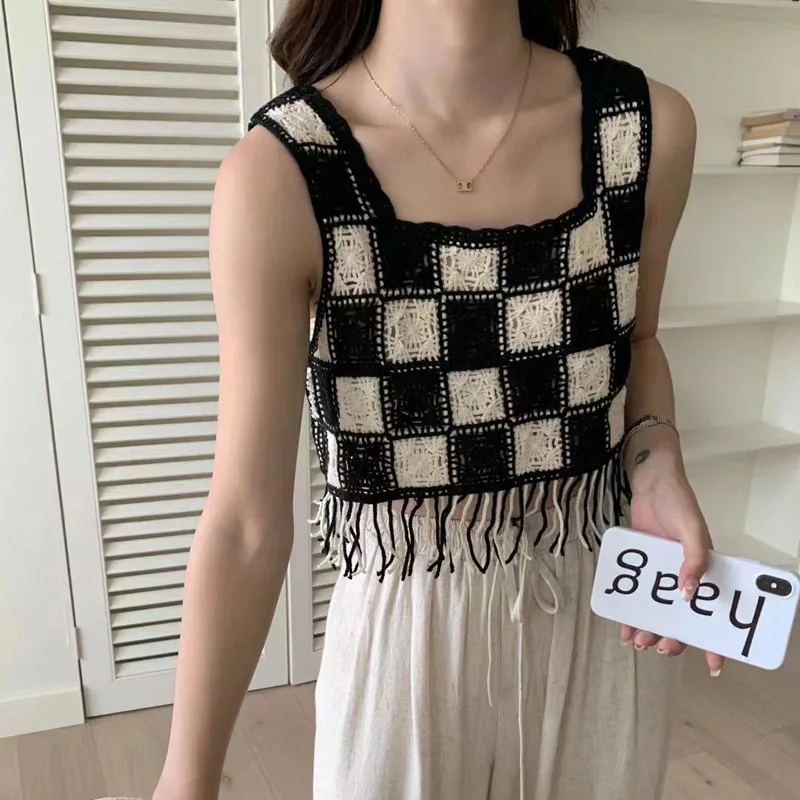 Langweilige Honig Retro Check Sommerkleid ung für Frauen Quasten aushöhlen gestrickte ärmellose Korsett Tops quadratischen Kragen Crop Top Frauen