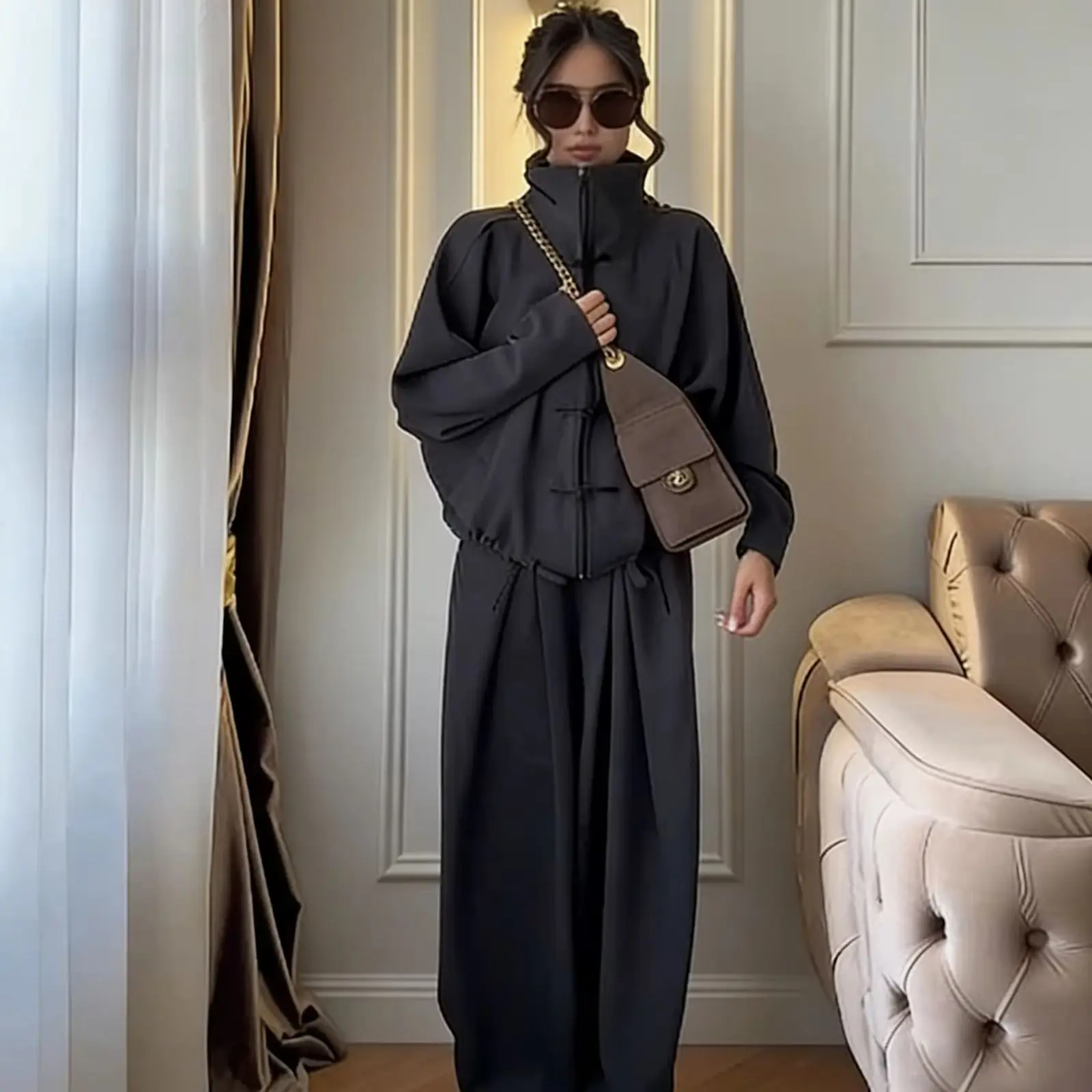 

DNBS Elegant Dark Gray Two Piece Outfit for Women 2026 High Neck Zip Up Top Wide Leg Trousers Set Streetwear