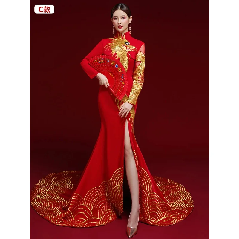 

DY20Китайский стиль, преувеличенный и атмосферный показ мод Ципао, высококачественный костюм для выступлений, красное платье для сценического хозяина, Han Fu25