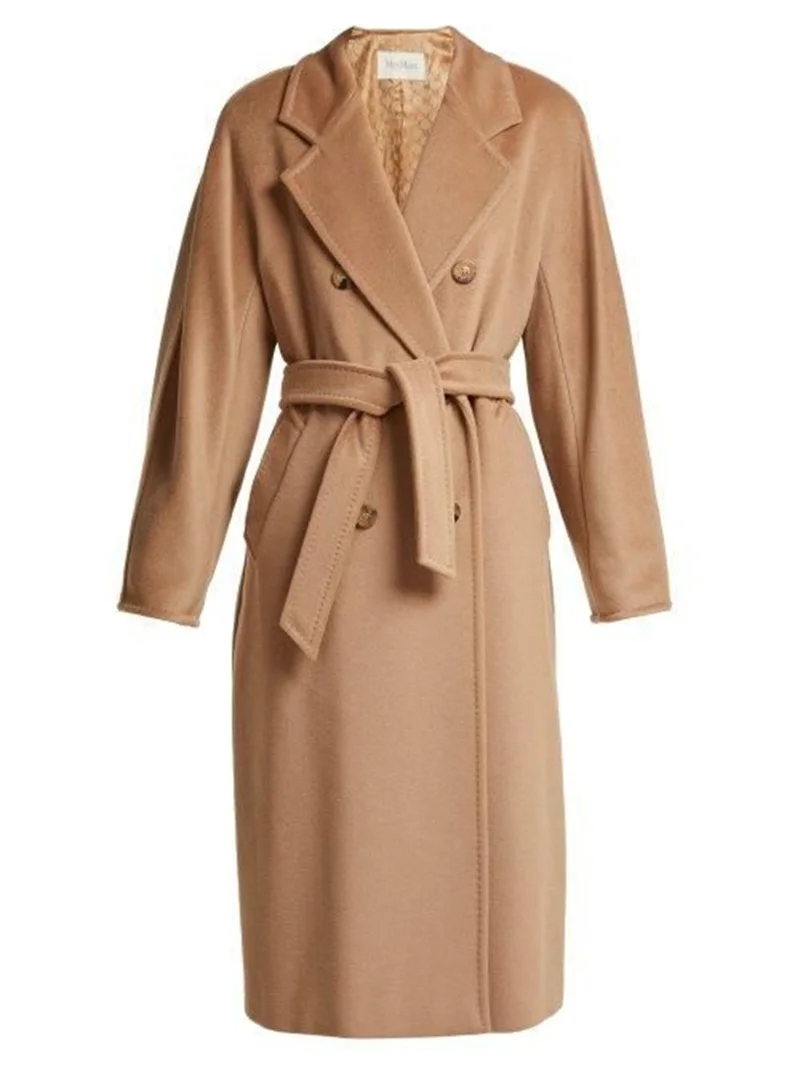 Camel Vrouwen Pak Jas Wollen Winter Dikke Custom Made 1Pcs Cashmere Lange Jas Met Riem Formele Double Breasted Blazer