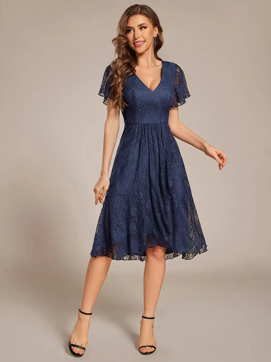 

Classics Evening Dresses Short Sleeve Ruffled V-Neck Knee-Length 2025 Ever Pretty of Navy Blue A-Line Midi Wedding Guest Dress