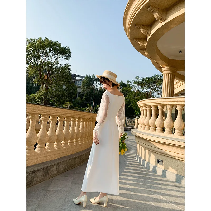 High Side Split Wedding Dress Stylish Square Collar Illusion Long Sleeves Zipper Back Elegant Satin Beach Bridal Gown SWD287