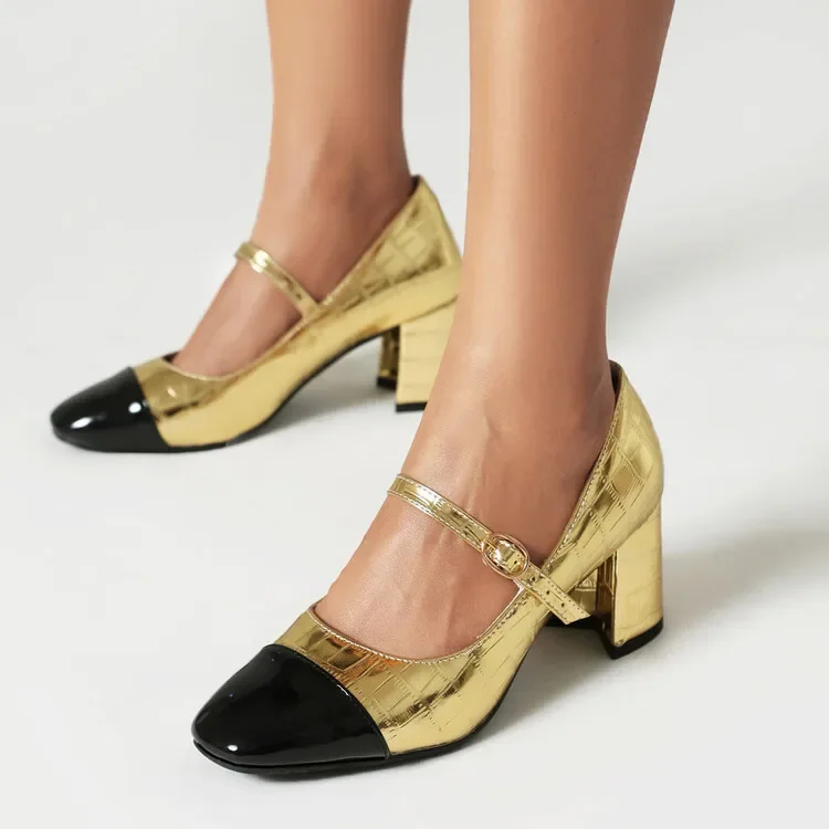 

2024 Autumn and Winter New Gold and Silver Red Thick Heel Mary Jane Women's Shoes Fashion Shoes Large Size 39-48