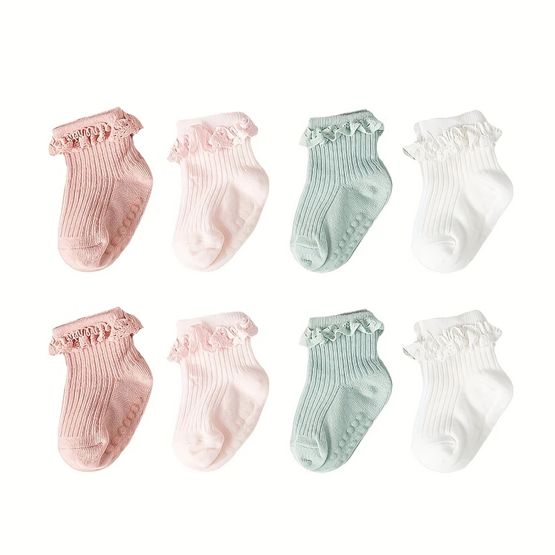 1pair Children\'s non slip cotton socks for infants and young children aged 0-6 months, girls\' solid colored lace socks