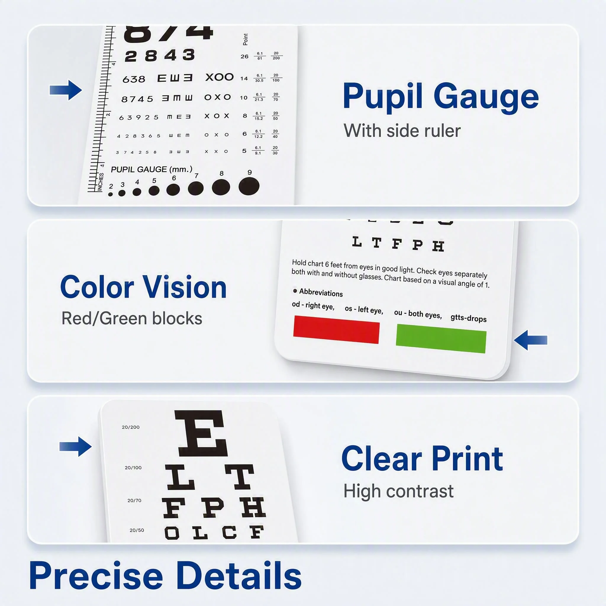 InnoVue Opto Rosenbaum Pocket Eye Chart Double-Sided with Color Bars for Vision and Color Test Eye Chart