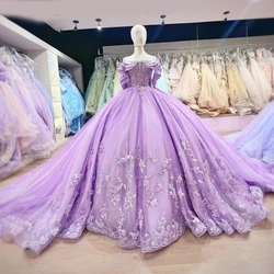 Lilac Quinceanera Dresses Ball Gown For Sweet Girls Applique Lace Beads Tull Vestidos De XV Años Beads Birthday Party Dress