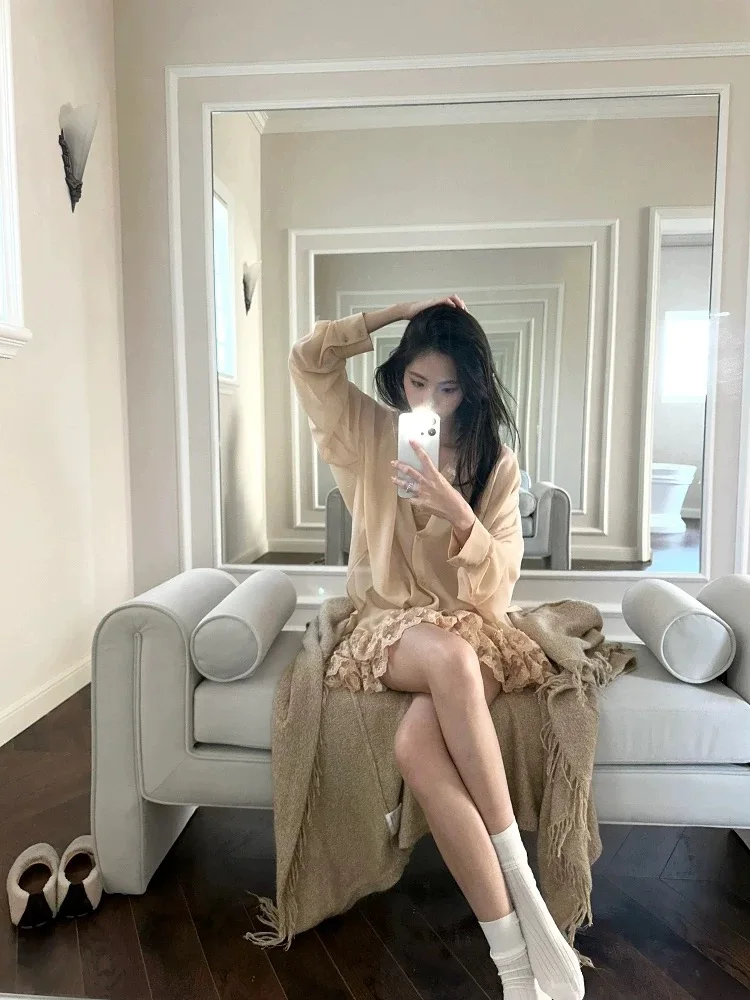 

Романтичная эфирная юбка с кружевной отделкой для девочек, повседневная летняя юбка из полиэстера с длинными рукавами, V-образным вырезом, на пуговицах, свободного кроя, для офиса