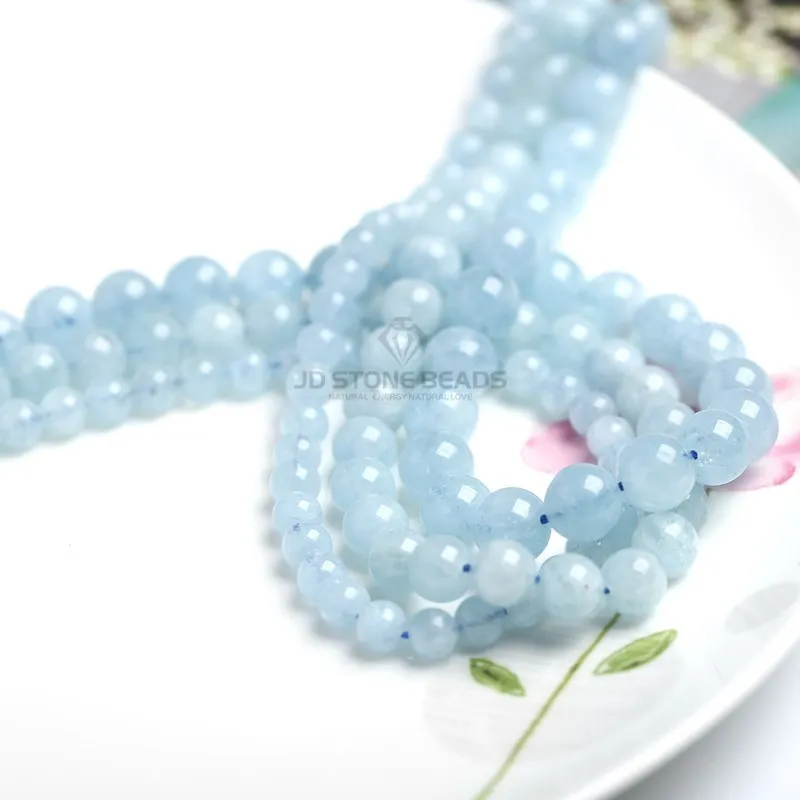 Natural Blue Aquamarine Stone Round Loose Spacer Smooth Beads Sea Water Gemstone For Jewelry Making 4 6 8 10mm DIY Accessories