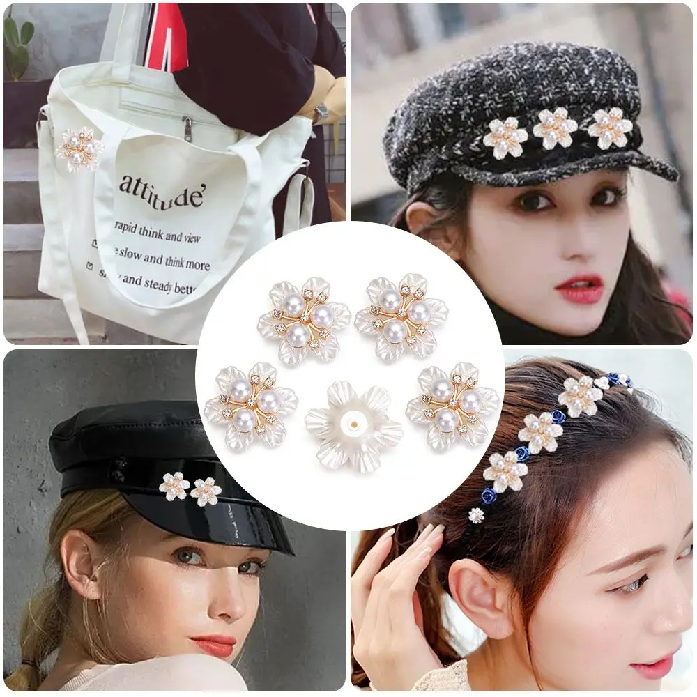5PCS Sparkling Hat Accessories Crystal Pearl Hairpins Rhinestone Buttons Headwear Clip Pearl Button