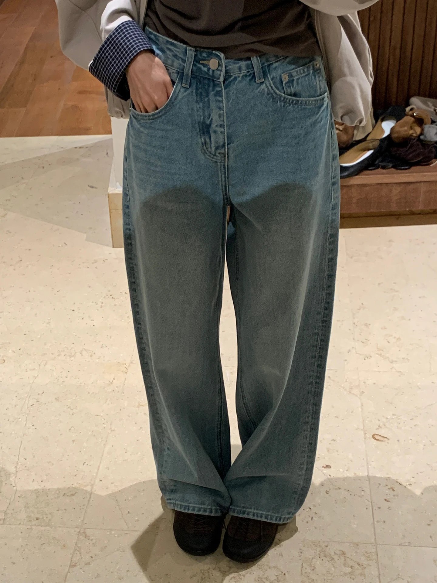 

Korean Sle High Waist Straight Leg Jeans Women's Slim Wide Leg Casual Long Pants Spring 2026 New Arrival Simple Design