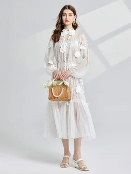 Dwuczęściowy zestaw trójwymiarowy haft w kwiaty sukienka damska dwuwarstwowe rzęsy koronkowy krawat kamizelka z szelkami sukienka garnitury