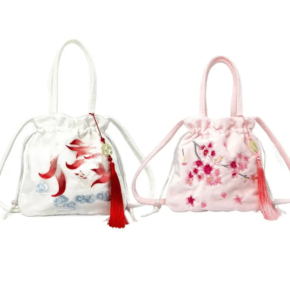 Handmade Suede Embroidered Flower Drawstring Bag Elegant Top Handle Ethnic Style Small Bucket Bag  Jewelry Pocket Women