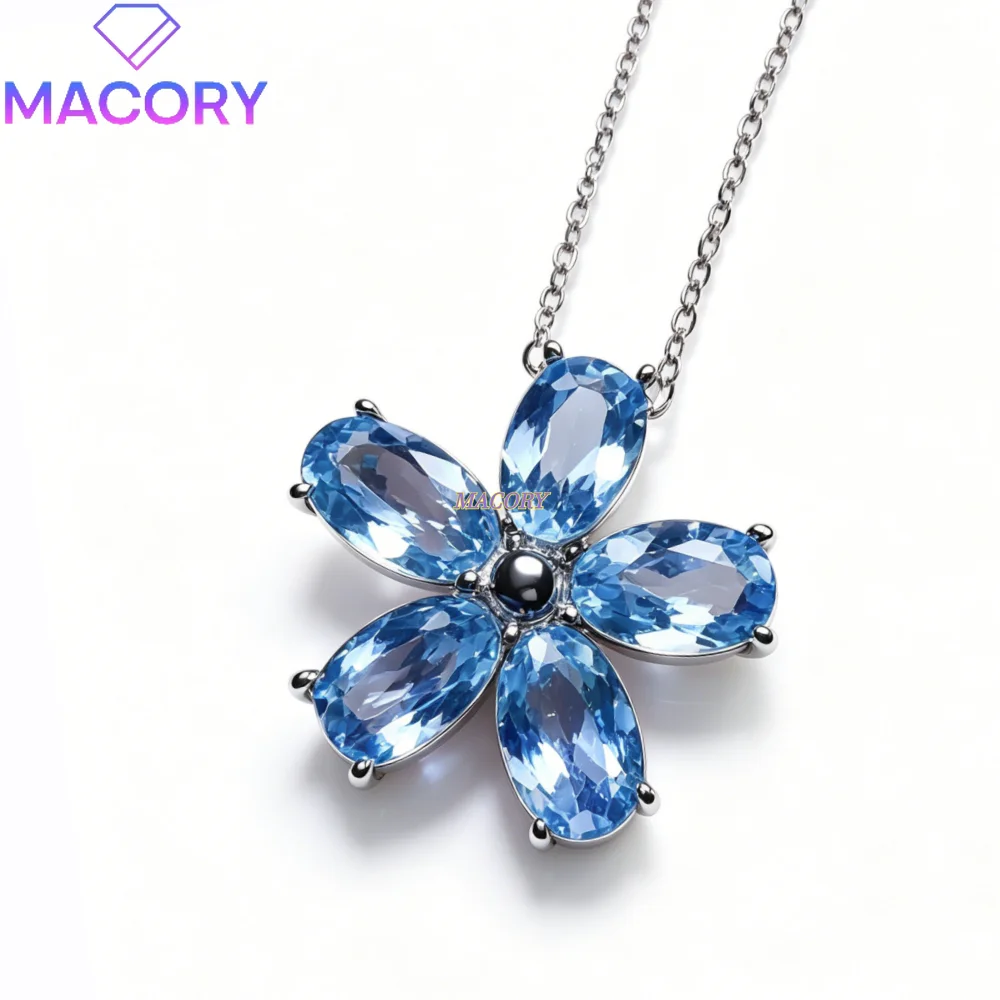 Natural aquamarine pendant necklace s925 sterling silver flower design cute and Fresh nature-inspired style Valentine's Day gift