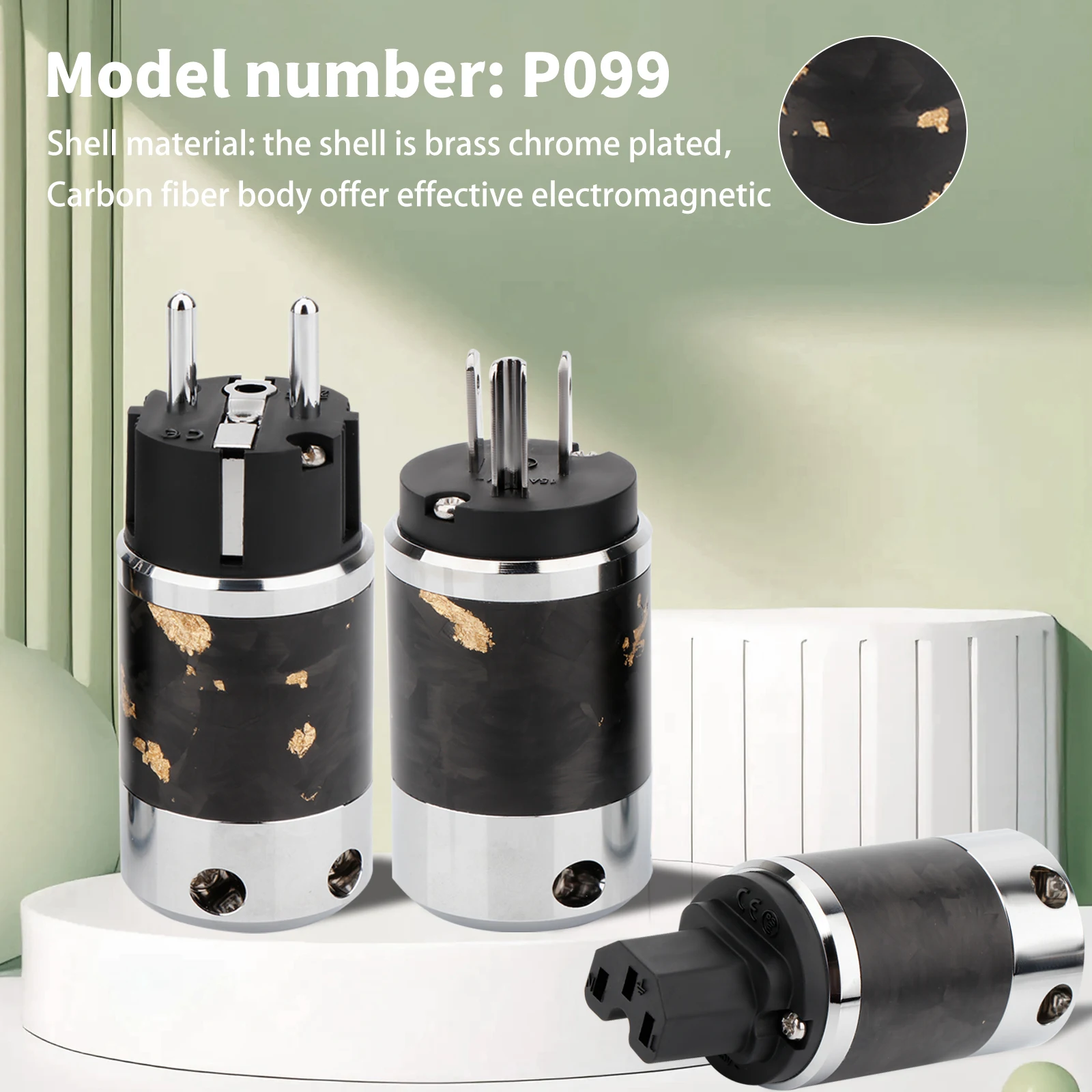 High-End EU/US Schuko Forge Carbon Fiber Shell Rhodium Plated IEC Power Connector Extension Adapter Power Plug for DIY Cable