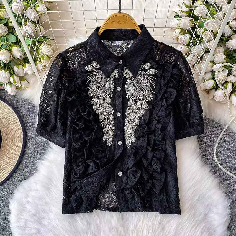 

Светская легкая роскошная рубашка во французском стиле с тяжелым воротником из бисера для женщин, утягивающий высококачественный шикарный топ с изысканной кружевной отделкой