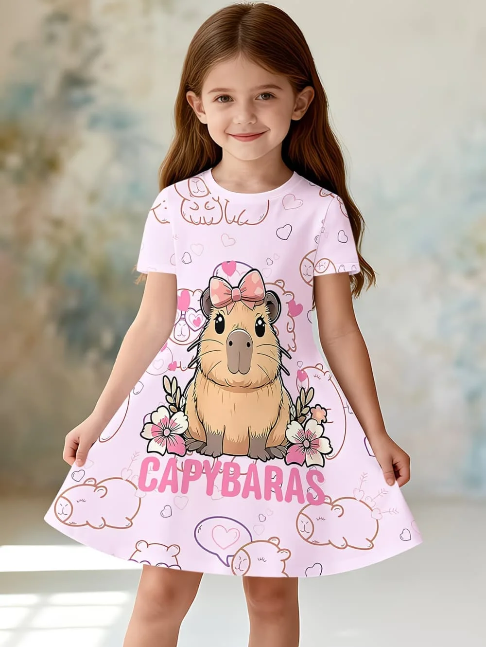 Girl Clothes Cartoon Capybara Print Girls Short Sleeve Princess Dresses Summer Kids Clothes Party Birthday Gifts Dress for Girls