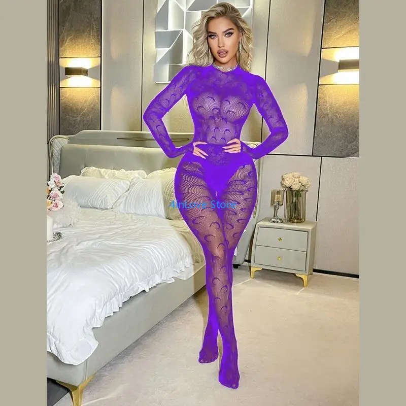 T4MD See Through Mesh 란제리 여성용 긴 소매 문 무늬 Bodystocking Jumpsuit 친밀한 의상