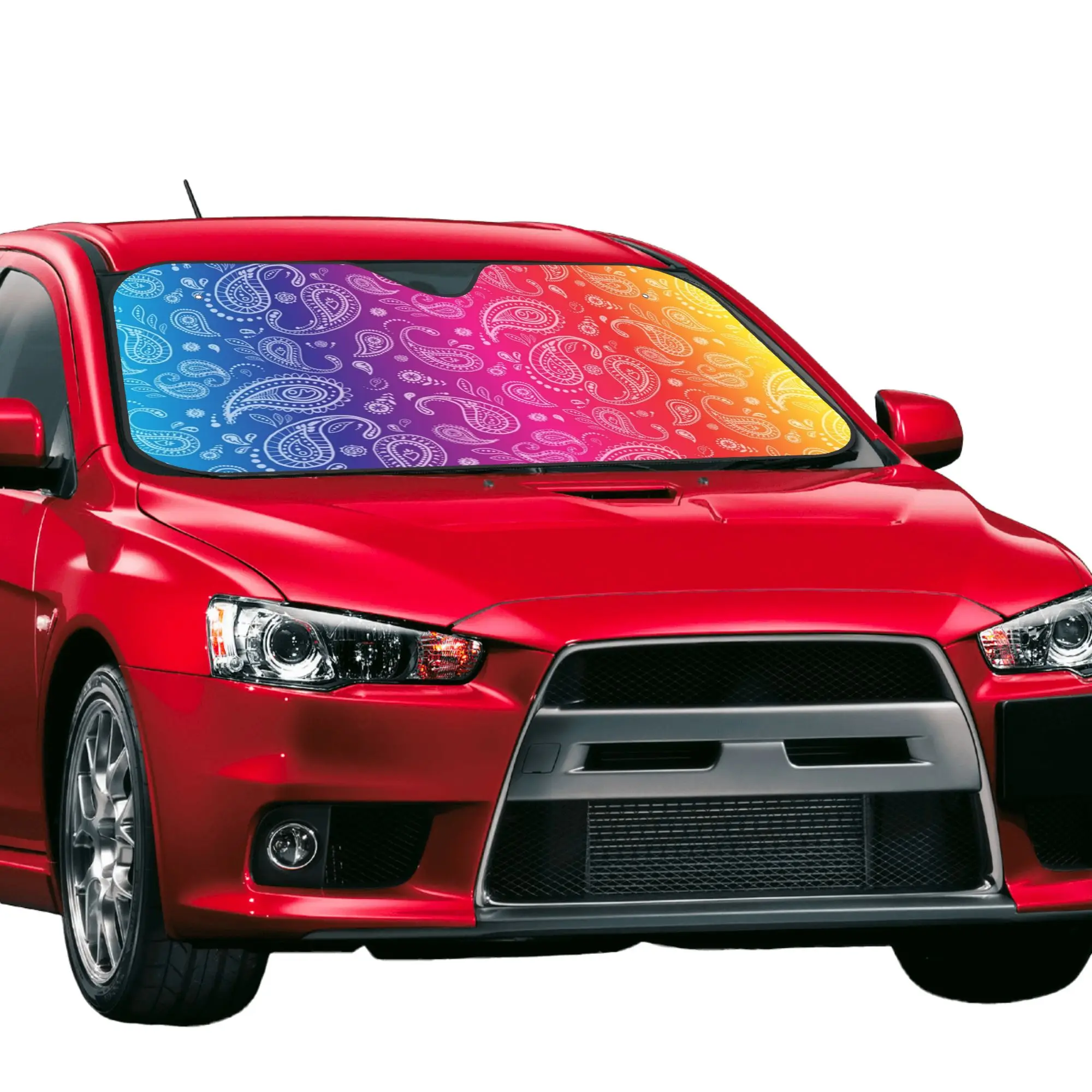Paisley Rainbow Car Front Windshield Sun Visor UV Protection Car Sun Shade Bohemian Floral Style Aluminum Foil Car Sunshade