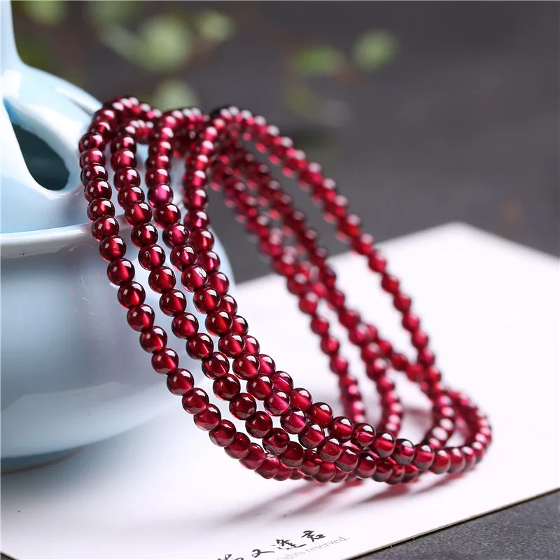 

Natural Wine Red Garnet Bracelets for Women Triple or Four Layered Crystal Beaded Jewelry Gifts