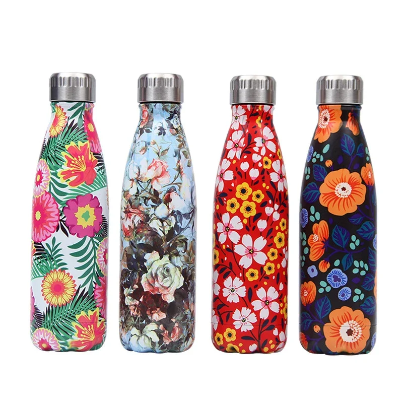 Flowers Stainless Steel Vacuum Insulated Water Bottle Flask Thermal Sports Chilly 500ML Double Wall Coke Direct Drinking Cup