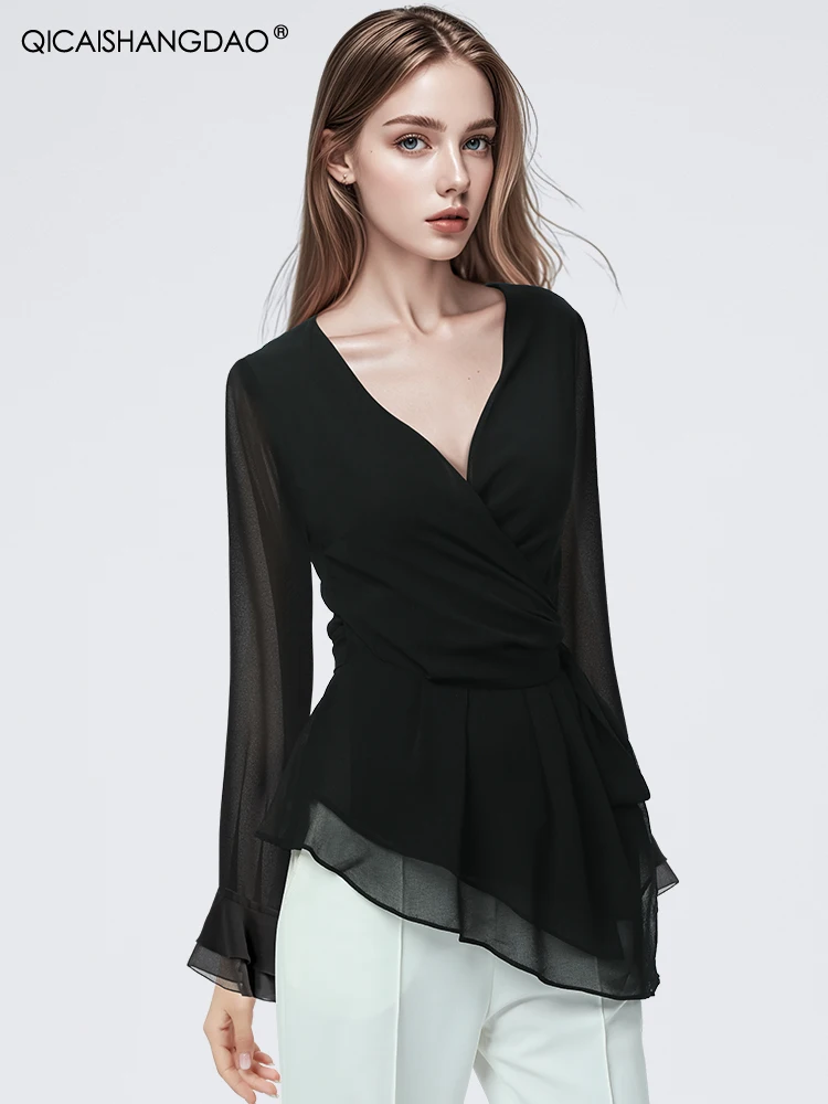 Long Sleeve V-neck Women Black Chiffon Top 2024 Fall New Elegant Slim Asymmetrical Spliced Casual Lace-up Shirt