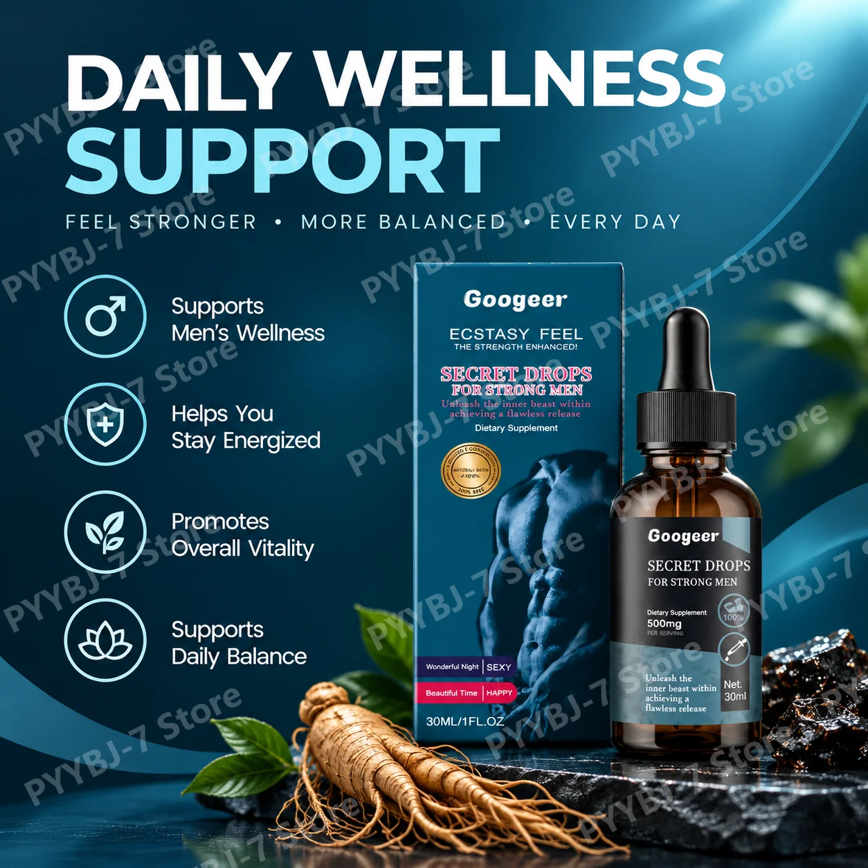 Men’s Vitality Liquid Drops Shilajit Panax Ginseng Extract 30ml Herbal Supplement 30ml (1 FL OZ) for Adult Men Wellness